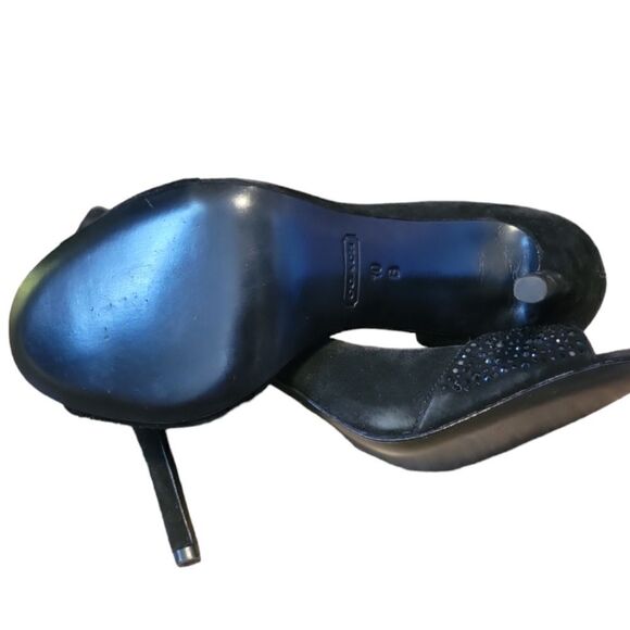 Coach Women’s Black Suede Heels Stilettos Peep Toe Black Rhinestones Sparkle 10 - Picture 5 of 12